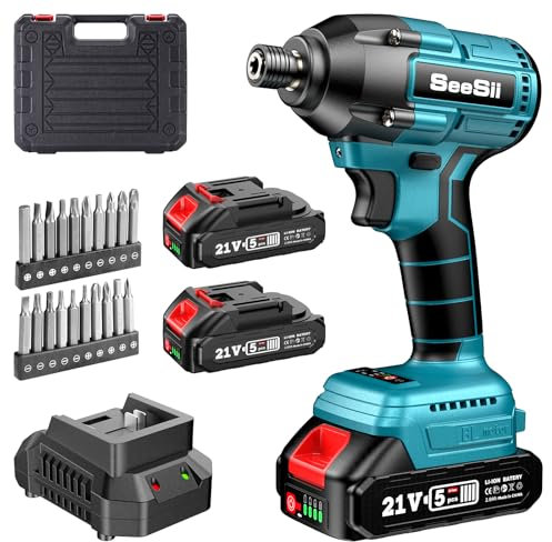 Seesii Avvitatore a batteria da 21 V con coppia massima di 220 N.m, 1/4 con due batterie da 4 Ah, velocità variabile, 0-3250 giri/min, 10 punte
