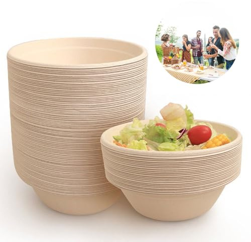 Coztie 100 Stück Einweg Suppenschalen, 260 ml Suppenteller Einweg, Biologisch Abbaubar und Kompostierbar Suppenschalen Einwegs für BBQs Party und Picknick Pappschüsseln