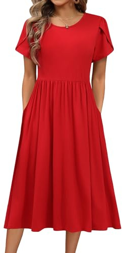 Hotouch Robes Femme Été Col Rond Manches Courtes Élégante Trapèze Plage Décontractée Ample Loisirs Rouge M