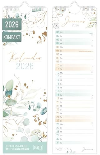 Häfft® kompakter Streifenkalender 2026 schmal (9 x 30 cm) Monats-Wandkalender für Küche, Flur & Co - übersichtliche Termine & Geburtstage Blattgold- nachhaltig & klimafreundlich