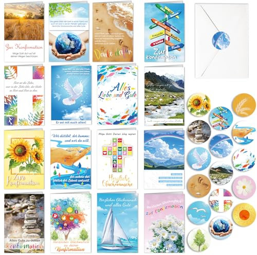 DPKOW 16 Stk Konfirmationskarten mit Spruch, Konfirmation Glückwunschkarten Mädchen Junge, Konfirmation Grußkarten mit Umschlag Siegelaufklebern, Konfirmation Klappkarten