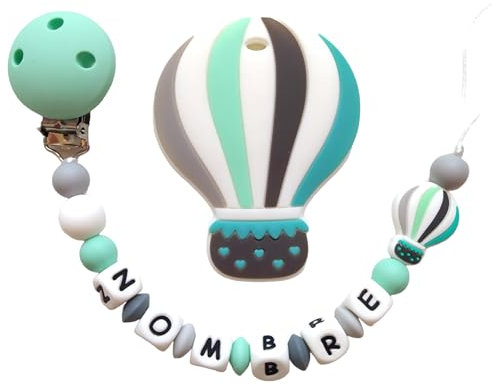 Lindo Bebé- Más colores... | Colección Balloons | Sujetachupetes personalizado con nombre del bebé | Libre BPA | A partir de +0 meses | Chupetero (e.- Pack Mint)