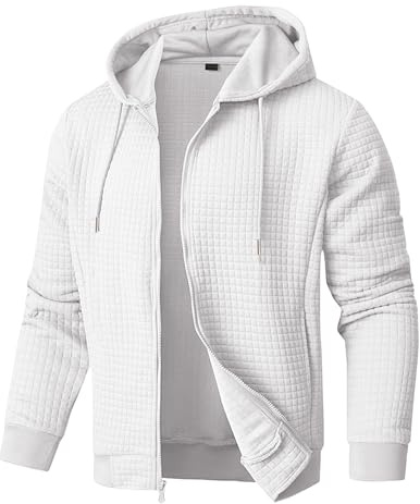 JMIERR Kapuzenjacke Herren reißverschluss Hoodie Langarm Waffel Hoody Jacke Herren Sweatshirt mit Taschen Weiß XXL