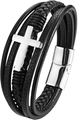 JUZICHEN Läderarmband för män, läderarmband med kors, svart brunt armband och rostfritt stål för män, 21 cm armband herrarmband smycken present man far farfar farfar, Medium, Rostfritt stål, Rostfritt