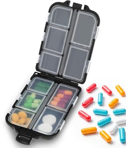 JYSNOW Porta Pillole con 10 Scomparti, Mini Portapillole 7 Giorni Portatile S 9.5 x 6.5 x 3 cm, Organizer per Medicine da Viaggio, per Contenere Vitamine, Olio di Fegato di Merluzzo (Nero)
