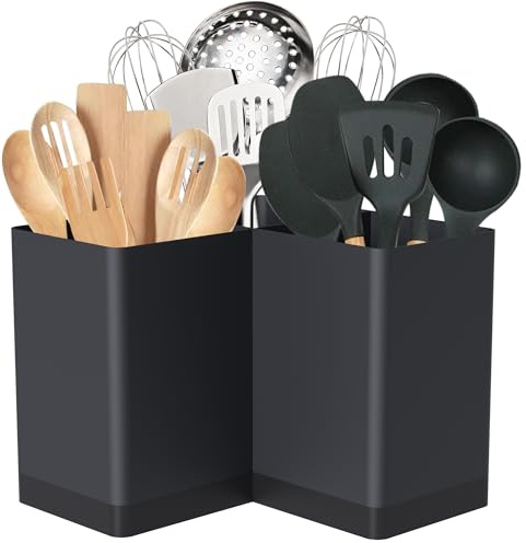 Suli Porte-ustensiles de cuisine extra large avec 3 compartiment,métal,Noir