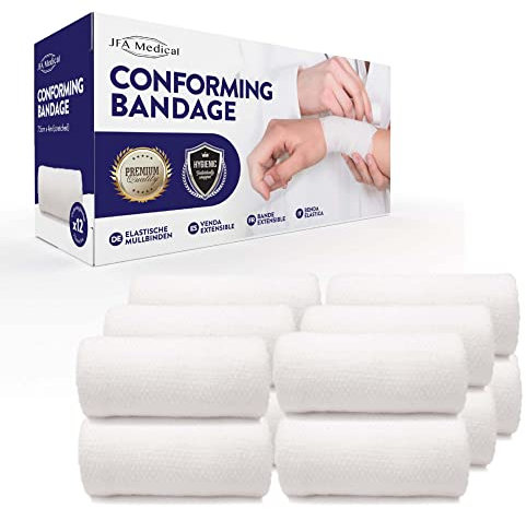 JFA Medical Conforming Bandage, Gauze Bandage Roll 7.5cm x 4m - Pack of 12