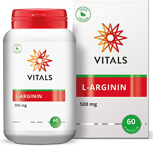 Vitals - L-Arginin 500mg 60 Kapseln. Semi-essenzielle Aminosäure. 100% Vegan. in einer pflanzlichen Kapsel, ergänzt mit Hilfsstoffen aus natürlichen Quellen.