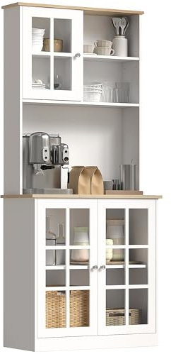 HOMCOM Freestanding Kitchen Cupboard, Tall Storage Cabinet with Doors and Adjustable Shelves, Counter Top, Grid Glass Doors, 80L x 37W x 183H cm - White