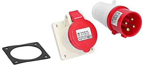 Eujgoov Enchufe de alimentación trifásico de 4 pines, 380V-415V 16A 3P + E Enchufe de montaje oculto impermeable Receptáculo de panel hembra Enchufe macho
