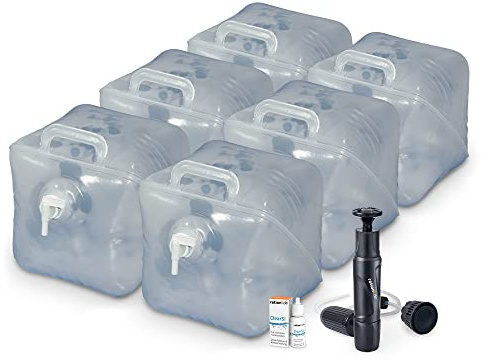 ration1 Outdoor Wasserfilter, ClearSi Wasseraufbereitung, 5X tragbare 20 L Wasserkanister faltbar, Faltkanister lebensmittelecht & BPA frei, Set für Trinkwasser Aufbereitung & Lagerung