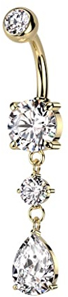 Pierced Owl 14GA 316L Stainless Steel CZ Crystal Tear Drop Dangling Belly Button Ring (Gold Tone)