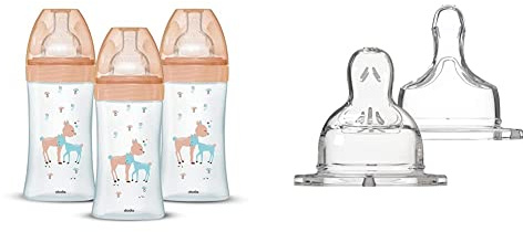 Dodie Lot de 3 Biberons Anti-Colique Sensation+ en verre, 270mL,0-6 Mois, tétine plate, Débit 2 & Set de 2 Tétines Plates Anti-Colique Sensation+ Débit 1 Transparent 0-6 Mois 6317169