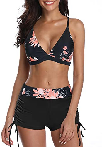 PONCEAU Bikini Damen Set Push Up Verstellbar Bikinioberteil Zweiteiliger Wickel Bikinihose Tiefer V Ausschnitt Oberteil Bikinihose Hotpants Strandkleidung