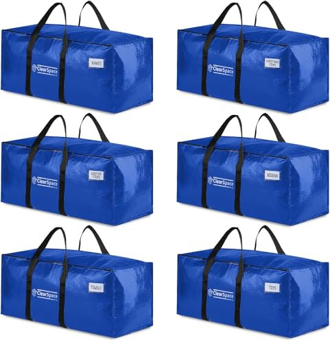 ClearSpace Heavy Duty Moving Boxes or Storage Bags – Storage Bins with Lids, Large Moving Bags with Backpack Straps & Handles – Moving Supplies for College Dorm or Christmas Decorations, 6 Pack