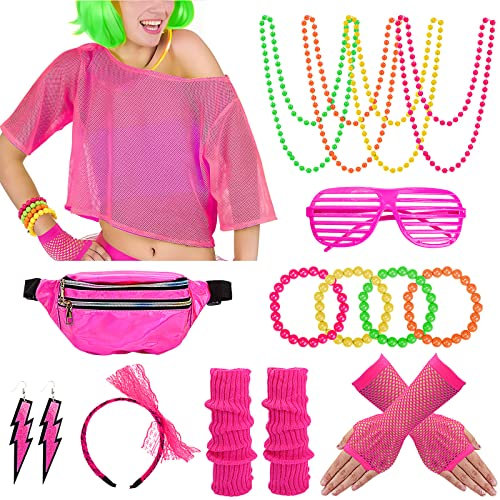 Aottom Neon Netz Shirt 18 St. 80er Jahre Outfit Damen Accessoires 90er Kostüm Zubehör Set Retro,Gürteltasche,Netzhandschuhe,Stirnband,Beinstulpen,Halskette,Armband,Ohrring,Brille,für Karneval Party