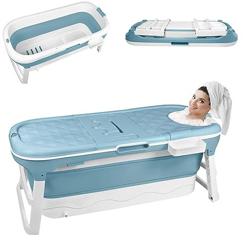 SUBTLETY Vikbart badkar för vuxna bärbart vikbart badkar med lock tvålkorg och massagerullar för att ställa upp i duschen perfekt för små badrum SPA (128 x 62 x 52 cm, blå)