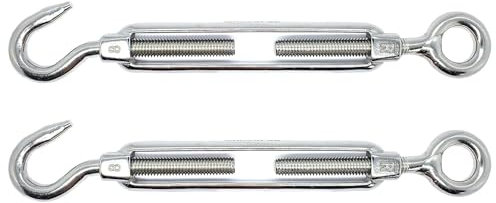 M5 x 70mm Eye & Hook Turnbuckles Wire Tensioner Strainer Open Closed Hook Threaded Hook A4 Marine Grade Stainless Steel (Pack of 2)