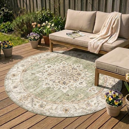 FRAAI | Home & Living Vintage Gartenteppich Rund - Santo Medaillon Grün - Wetterfest - Polyester - Ø 100 cm - Balkon, Garten/Terrasse - Terrasse Teppich - Outdoor Rug