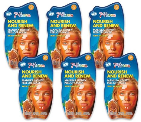 7th Manuka Honey Peel Off Face Masks (Pack of 6) Moisturising Face Mask Skincare Set with Vitamin E - Genuine 7th Heaven Face Masks Skincare (Pack of 6, Honey)