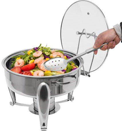 MEHOOSPVN Chafing Dish - Set de buffet redondo de 6 litros, calentador de alimentos de acero inoxidable, estructura de acero inoxidable y tapa de cristal, calentador de sopa para catering, buffet y