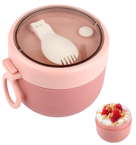 Tikplus Bicchiere per cereali To Go per bambini, piccolo bicchiere per cereali, 600 ml, con cucchiaio pieghevole, per snack per bambini, per insalata, per la colazione e il lavoro