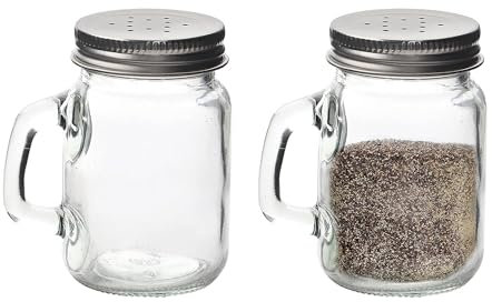 Glass Mason Jars 2 Pack Salt and Pepper Shaker Set with Handles & Silver Lids 4oz Capacity, Easy Refill, Farmhouse Style, Salt & Pepper Shakers, Salt & Pepper Pots, Salt & Pepper Set (2 Pack)
