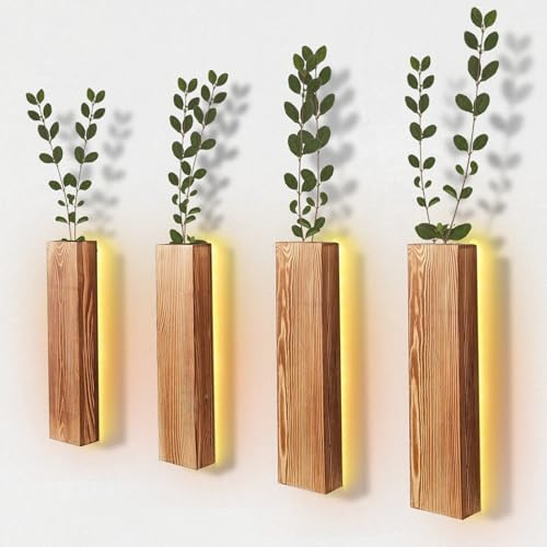 Btstil 4 jarrones de pared de madera, macetas de pared para decoración del hogar, macetas colgantes de madera para flores secas y plantas verdes artificiales (4 unidades con luces LED)