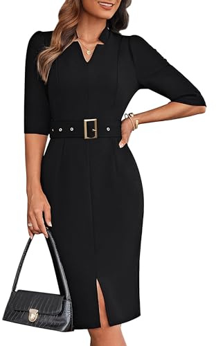 GRACE KARIN Women's 3/4 Sleeves Slim Fit Pencil Dresses Summer Solid Color Black Dress with Belt Black XXL