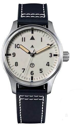 Seestern Full Lume Automático S424 Acero Cuero Negro Zafiro Pilot Reloj Hombre, beige, Correa