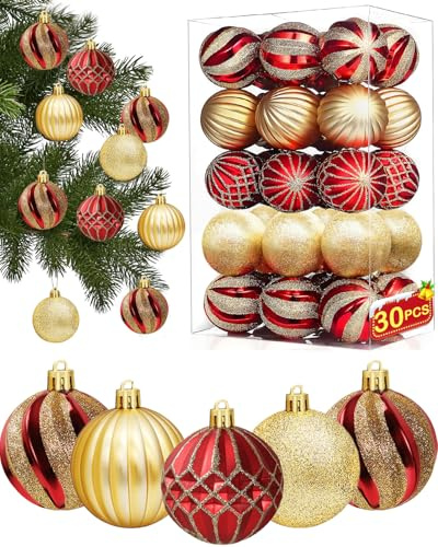 Weihnachtskugeln im 30er Set, Glänzend Glitzernd Christbaumkugeln, Bruchfest Weihnachtsbaumkugeln Kunststoff, Runde Christbaumschmuck ∅ 6 cm, Weihnachtsbaum Deko Rot Gold