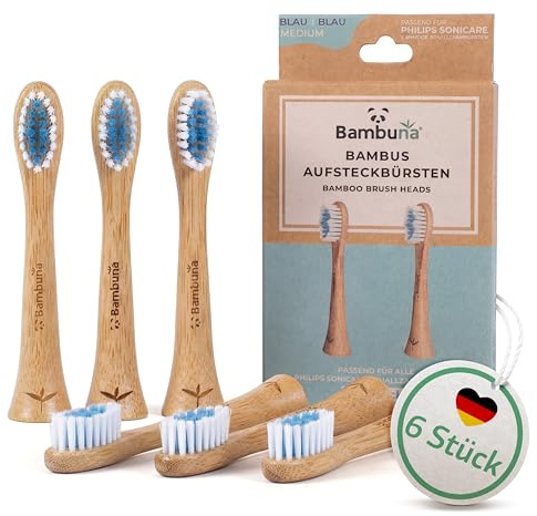 Bambuna Reservborstar för sonisk tandborste – borsthuvud av bambu – Made in Germany (blå/blå, 6-pack)