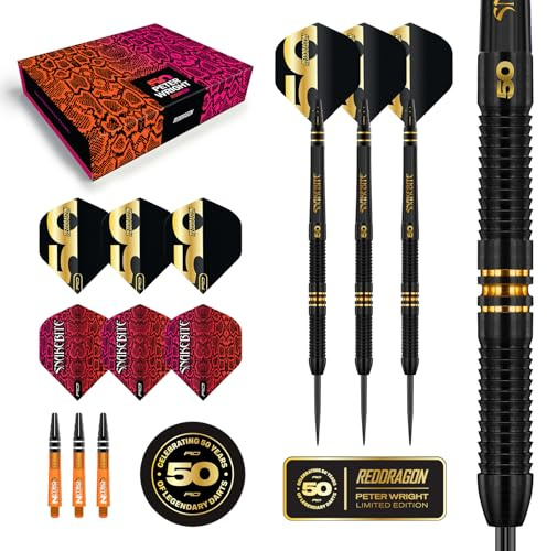 RED DRAGON Darts - Edición para Jugadores del 50º Aniversario - Peter Wright 'Snakebite' 21g - Juego de Dardos Profesionales con Punta de Acero y 90% de tungsteno - Incluye vuelos y vástagos
