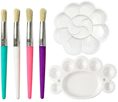 6 Pcs Set Kids Paint Brushes with Palette, Small Paint Brushes for Toddlers with Handle and Hog Bristles, Paintbrushes Easy Grip Handles Durable Kids Painting Set, Art Supplies for Beginners Supplies