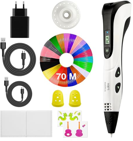 Boligrafo 3D Inspire Labs, Creatividad y Diversión para Niños y Adultos con Apagado Seguro, Base de Silicona, Modo Automático/Manual, 70 M Filamento PLA (14 Colores) + Guía en Español, Lapiz 3D