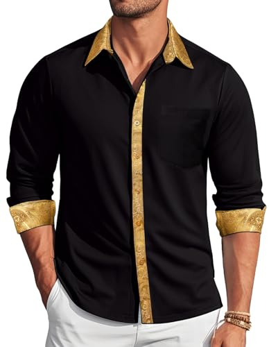 Barry.Wang Mens Dress Shirts Long Sleeve Button Down Business Formal Shirt Collar Contrast Gold Paisley Casual Wedding Party