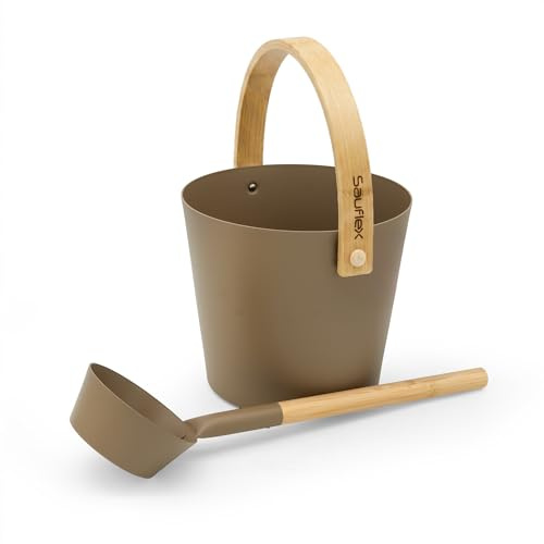 Sauflex Kit d'accessoires pour sauna : seau en aluminium de 4 l et truelle de 42 cm, poignées en bambou (taupe)