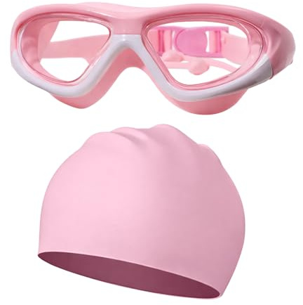 YREYBN Anti Fog Kids Swimming Goggles and Pink Swimming Cap, Boys Swimming Goggles Age 10-12, Child Swimming Goggles Set with Comfortable Fit, Swimming Accessories for Boys and Girls Pool Activities