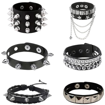 Tastetreasure 6 Pcs Punk Rock Leather Studded Bracelets Set, Gothic Spiked Rivet Bracelets for Men Women, Y2K Emo Biker Wristbands with Pyramid Studs & Chains, Punk Jewelry Accessories