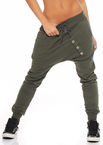 Malito Donna Pantaloni Boyfriend Classic Pulsanti Harem Aladin Pantaloni Pump Baggy Yoga 8023(Oliva)