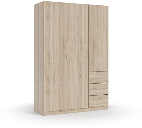 Habitdesign Armario Ropero de 3 Puertas y 3 Cajones, Armario Dormitorio, Acabado en Color Roble Canadian, Medidas: 135 cm (Ancho) x 200 cm (Alto) x 52 cm (Fondo)