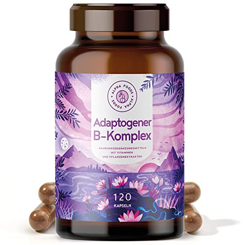 Adaptogener Vitamin B Komplex, mit Extrafolate-S® - natürliches Stress-Management mit 5 ayurvedischen Adaptogenen u.a. Ashwagandha, Astragalus, Aronia und Rosenwurz - 120 Kapseln