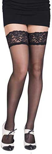 SENTELEGRI Sheer 20 Denier Elastane Hold Ups Stockings with Lace, 17 Colours, Sizes S-XL (Black, Small)