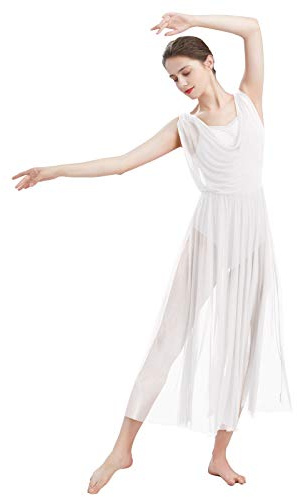 FYMNSI Adult Women Lyrical Dance Costume Modern Contemporary Dancewear Leotard V-Neck Backless Split Mesh Tulle Long Skirt Flowy Overlay Dress Stage Performance Clothing White M