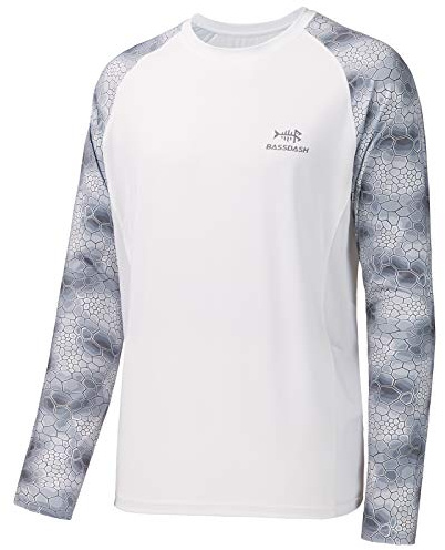 BASSDASH UPF 50 Fishing Tee for Men Camo Long Sleeve Shirt Quick Dry Sweatshirts (White/Grey Hexagonal Scales, XL)
