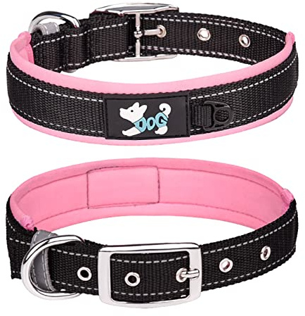 Haoyueer Bekvämt vadderat hundhalsband i mjuk neopren, reflekterande husdjurshalsband, justerbart kraftigt hundhalsband i nylon för alla raser, stora hundar (L, rosa)