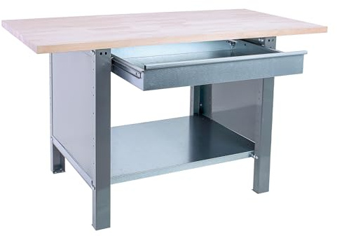 SimonRack Table de Travail Atelier, Banc de Travail, Extra Solide, 1 tiroir, capacité de Charge 1000 kg, Dimensions 865 x 1200 x 750 mm, Gris/hêtre