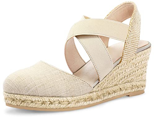 mysoft Women's Closed Toe Crisscross Elastic Ankle Strap Platform Espadrille Wedge Sandals