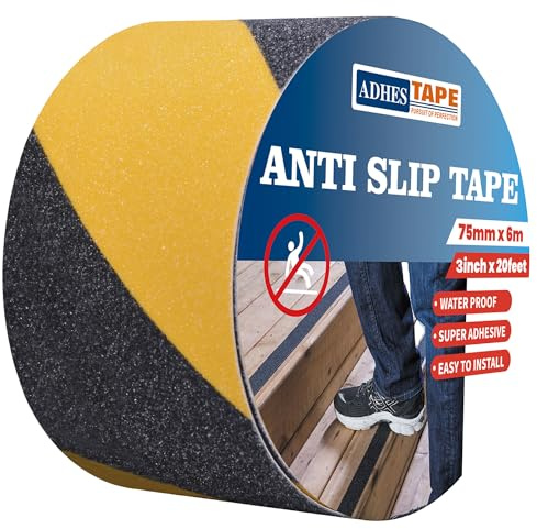 ADHES Ruban Adhésif Antidérapant Ruban De Hazard De Signalisation Bandes | De sécurité pour Les escalier et Les marches,intérieur et extérieur,Haute Traction,Noir,75MM x 6m
