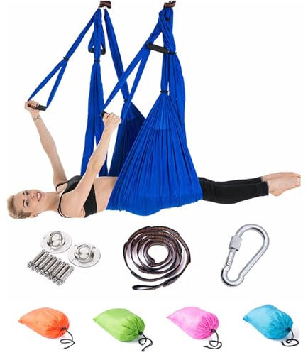 Aerial Yogatuch Zum Aufhängen Yoga Hängematte Set Hängematten Hammock Swing Therapieschaukel Schaukeltuch Yogagurt Hängetuch Inversion (Saphir)